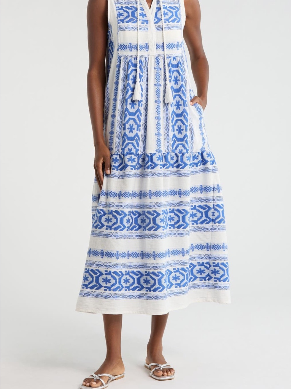 White and Blue Sleeveless Maxi Dress with Tassel Tie